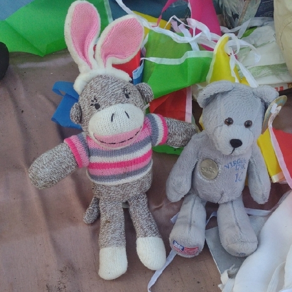 Striped Sock Monkey and Gray Teddy Bear Set NWT - Picture 1 of 6